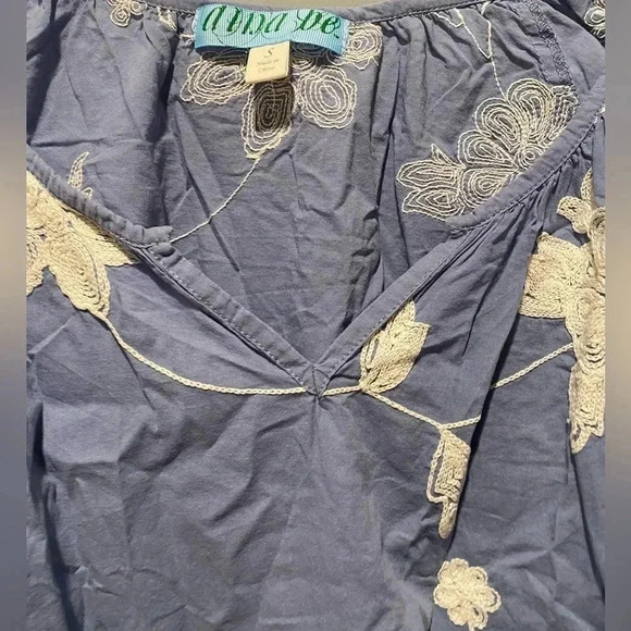 Aina Be Women’s Embroidered Boho Top 100% Cotton 3/4 Sleeve Slate Blue Small EUC - Picture 5 of 11